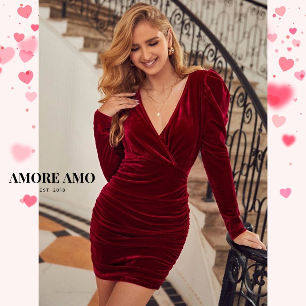 ❤️ Valeria ❤️  Dress - Velvet Wrap Deep Dark Suede Puff Shoulder Long Sleeve